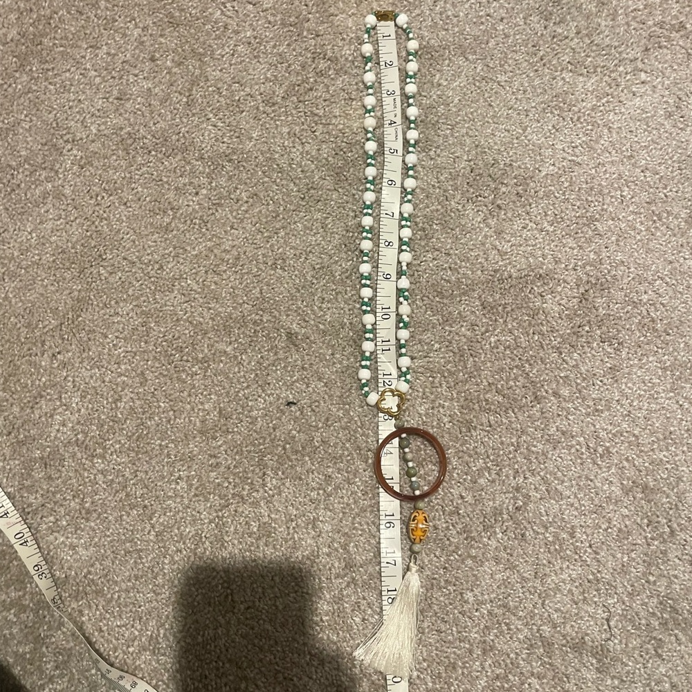 Vintage Green and White Necklace with Brown Ring